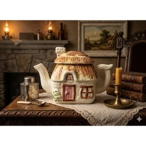 Vintage Ceramic Cottage Teapot Thatched Roof Hand Painted English Country Style